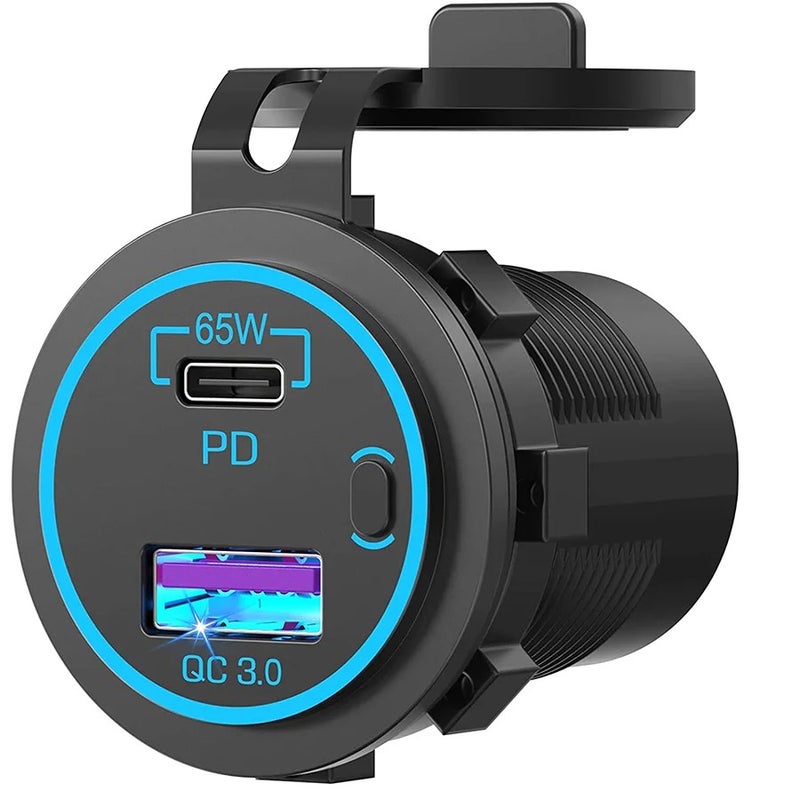 Bluejw شاحن سيارة مزدوج USB-C بقوة 83 واط مع مفتاح طاقة - شحن سريع للكمبيوتر المحمول، تعزيز تلقائي، متوافق مع الدراجات النارية/القوارب، شاحن سيارات - Image 1